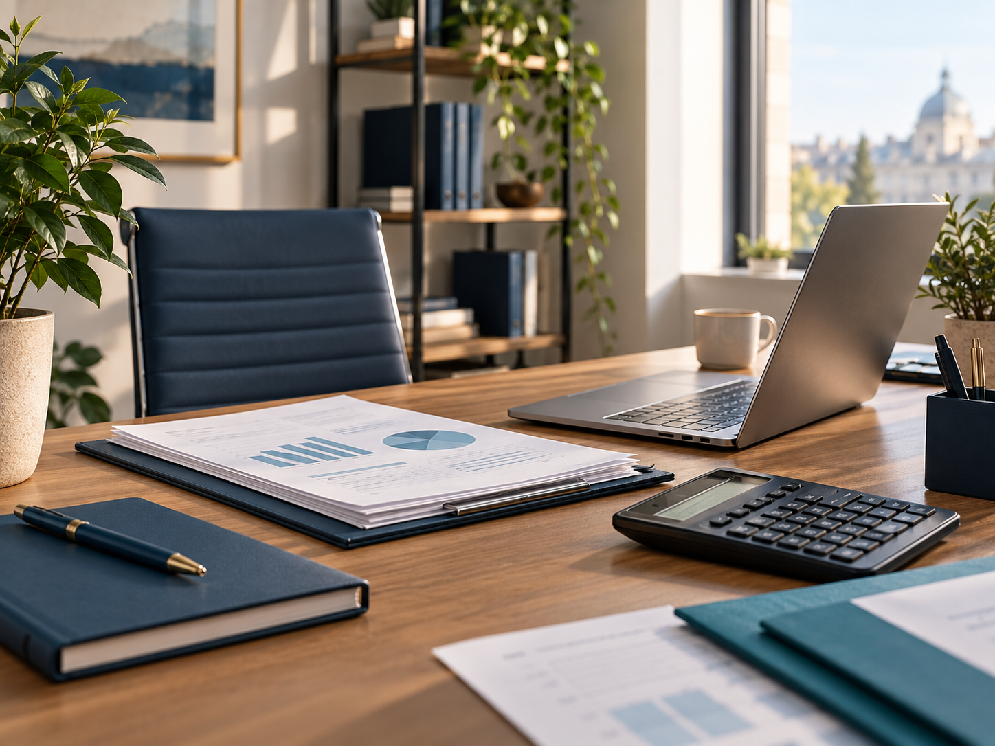 Birou profesional cu documente financiare, laptop și calculator